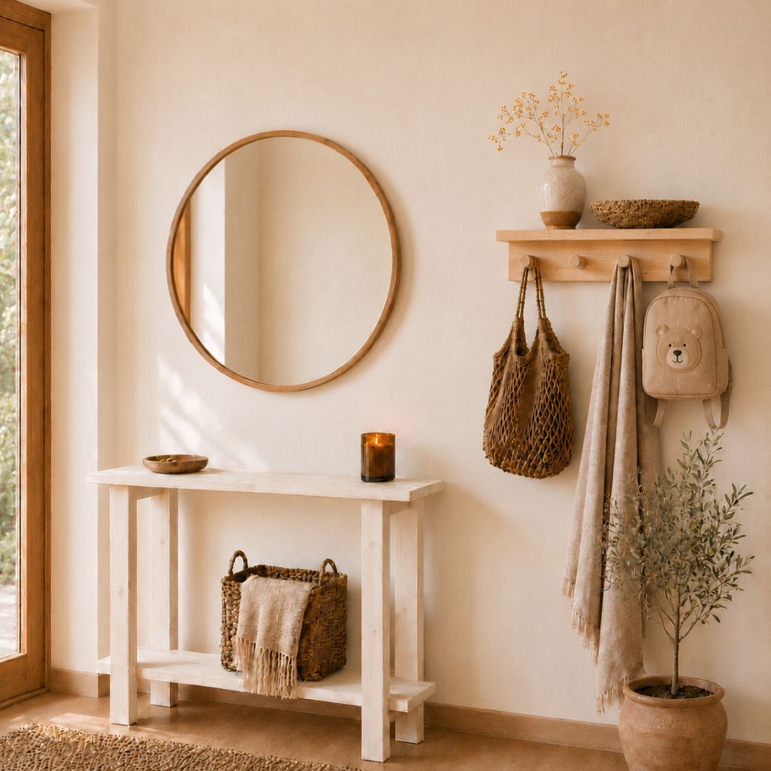 Estante pechero de madera cerca de un mueble recibidor de madera blanco en una entrada luminosa