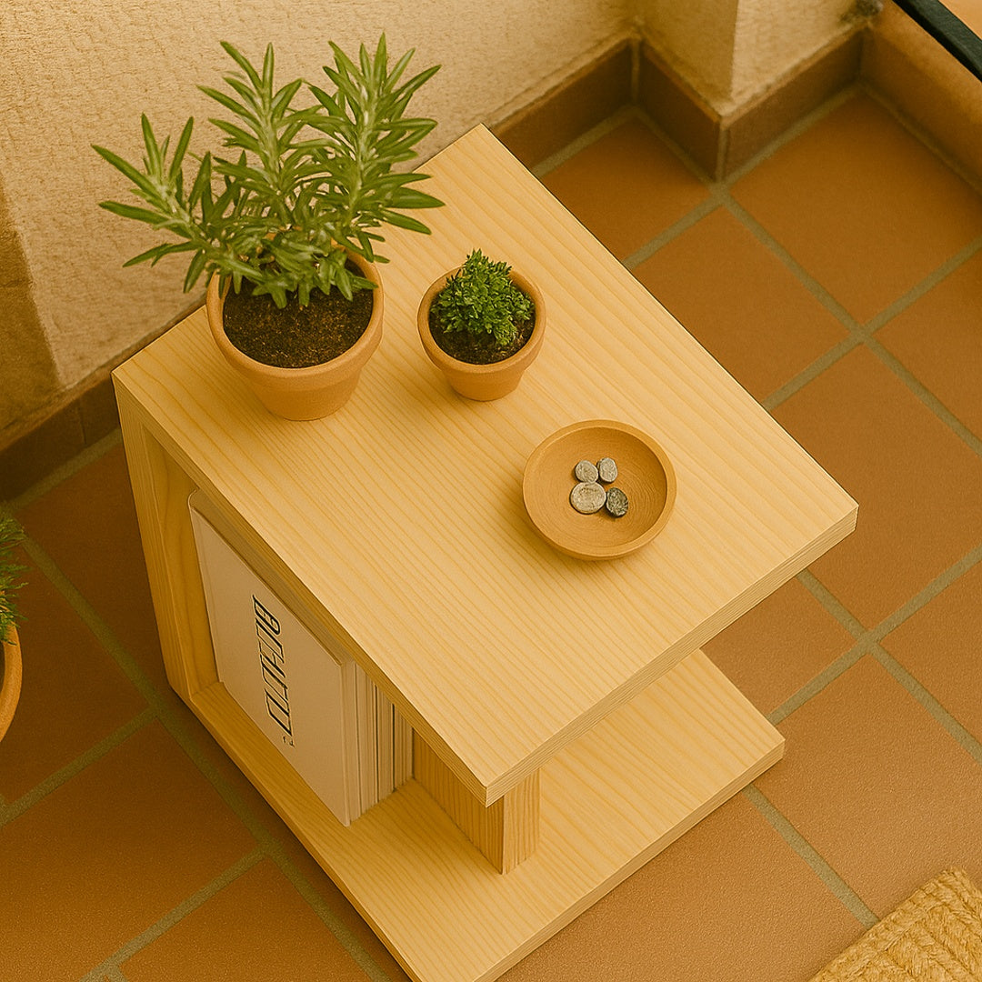 Mesa auxiliar pequeña de madera maciza en balcón