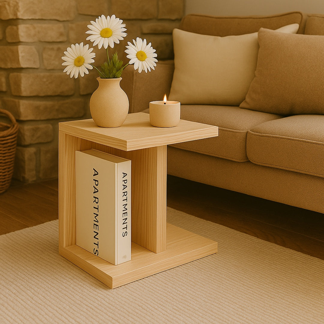 mesita de madera natural para sofá