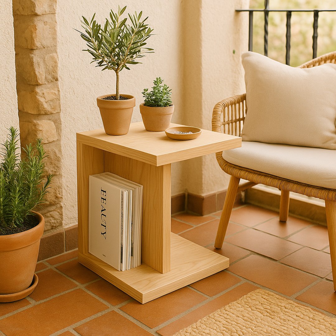 Mesa auxiliar pequeña de madera maciza en balcón