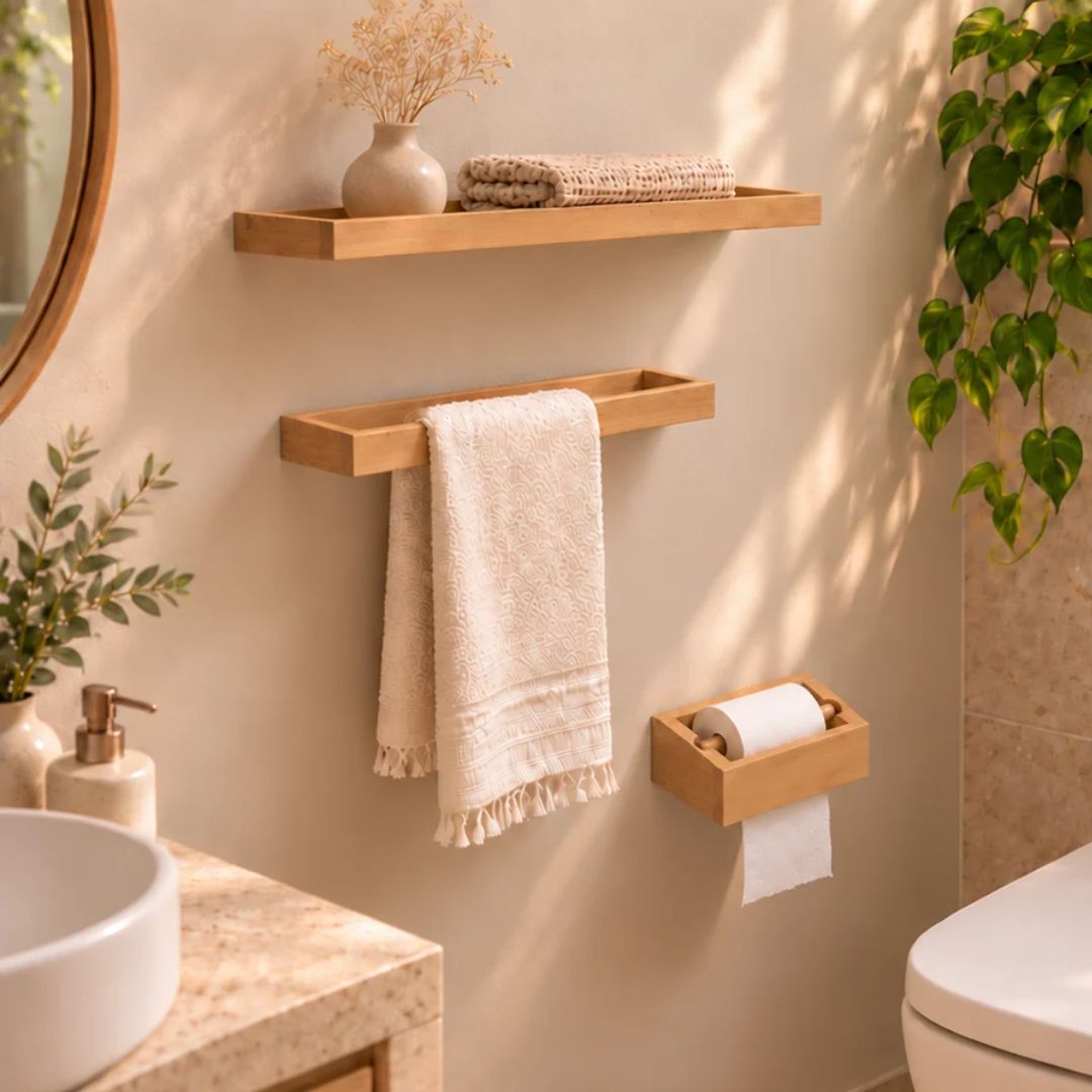 Kit de accesorios de baño de madera maciza con toallero, portarrollos y estante Nido y Alma