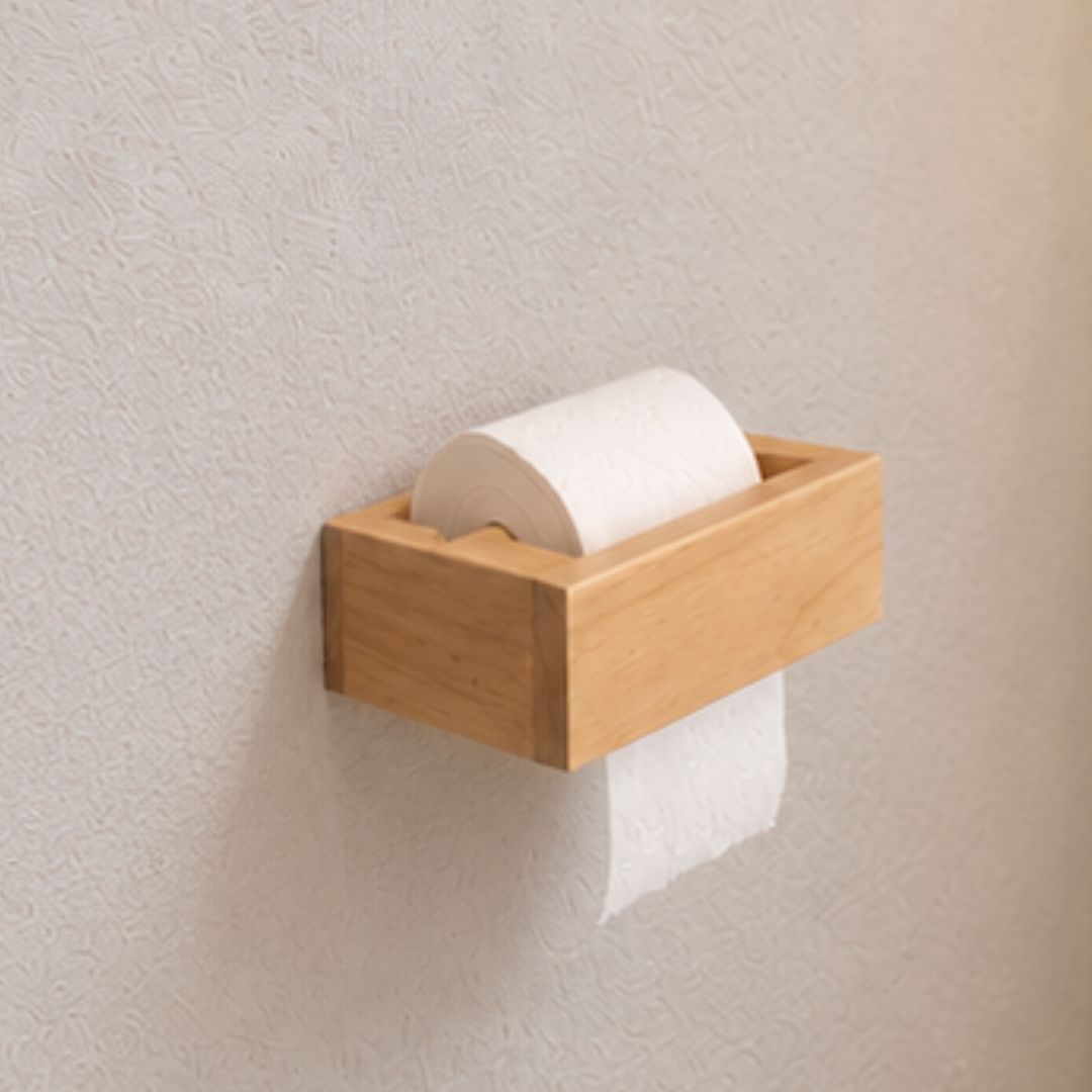 Portarrollos de papel higiénico de madera Nido instalado en pared de baño