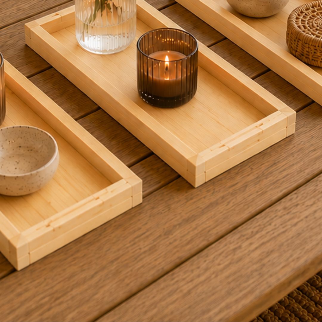 Set de bandejas organizadoras de madera de pino maciza con diseño minimalista y líneas puras