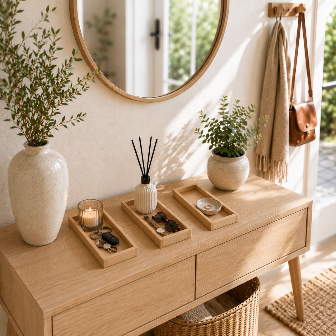Bandeja vaciabolsillos de madera de pino artesanal para organizar llaves, joyas o accesorios de escritorio