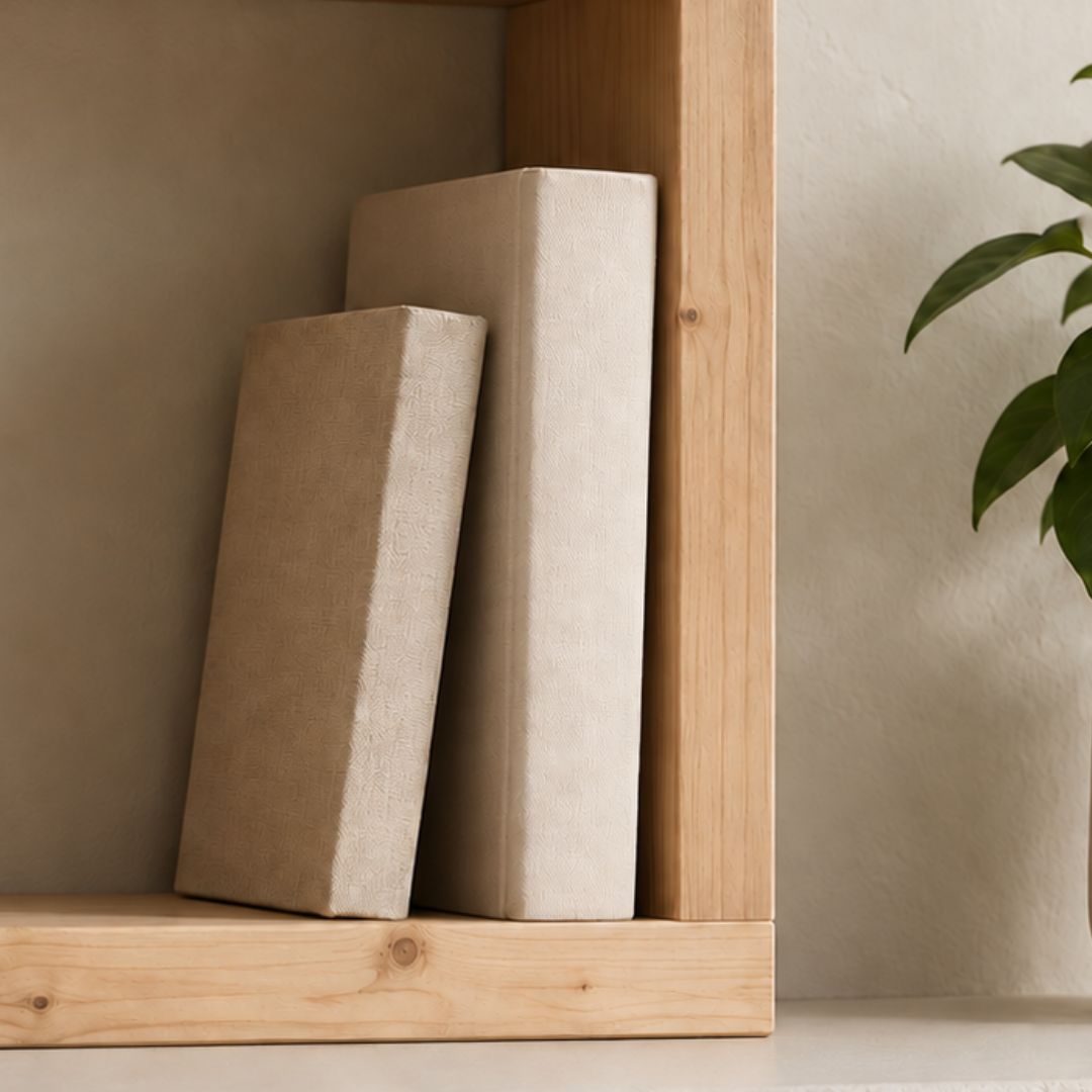 Primer plano de un estante de madera natural con libros, donde se aprecian las vetas del pino y las uniones.