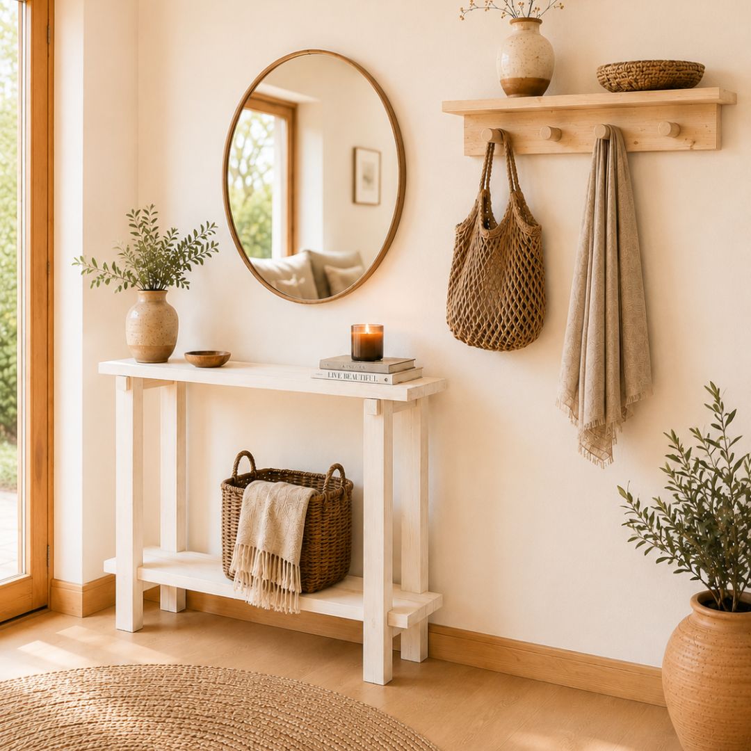 Estante perchero de madera natural instalado en un recibidor acogedor junto a un espejo y un mueble de entrada.