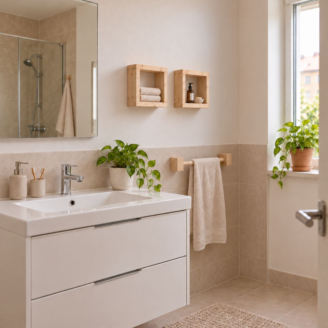 Dos estantes de madera natural con toallas y accesorios de aseo, instalados junto al espejo del baño.