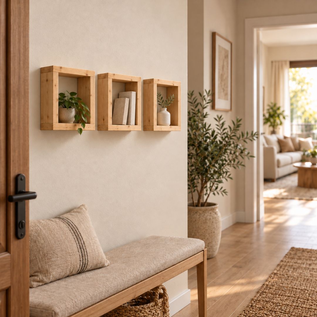 Tres estantes de madera natural en la pared de un recibidor con banco, decorados con plantas, libros y un jarrón.