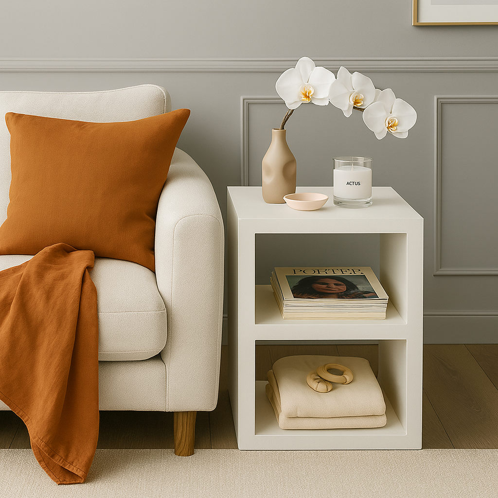 Mesa auxiliar de madera blanca con diseño minimalista y funcional
