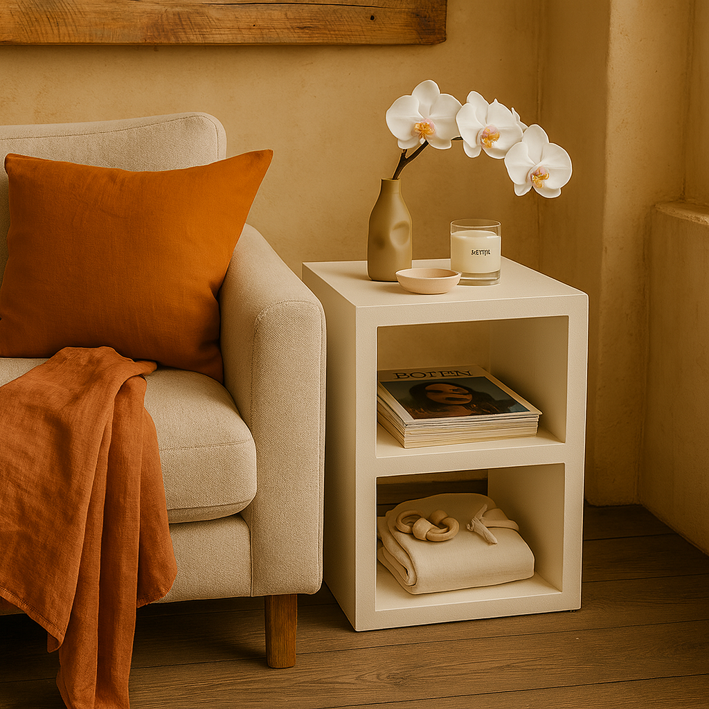 Mesa auxiliar de madera blanca junto al sofá en un salón acogedor