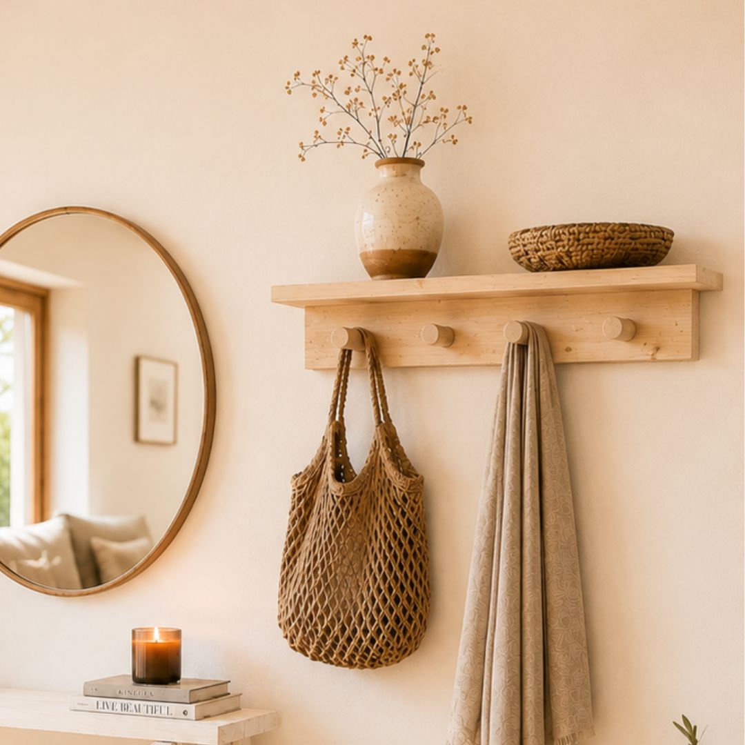 Estante perchero de pared Gredos de madera maciza de pino con balda superior y cuatro ganchos de madera.