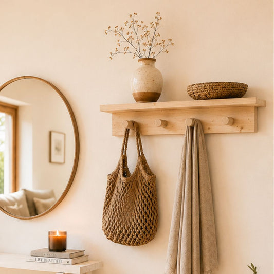 Estante perchero de pared Gredos de madera maciza de pino con balda superior y cuatro ganchos de madera.