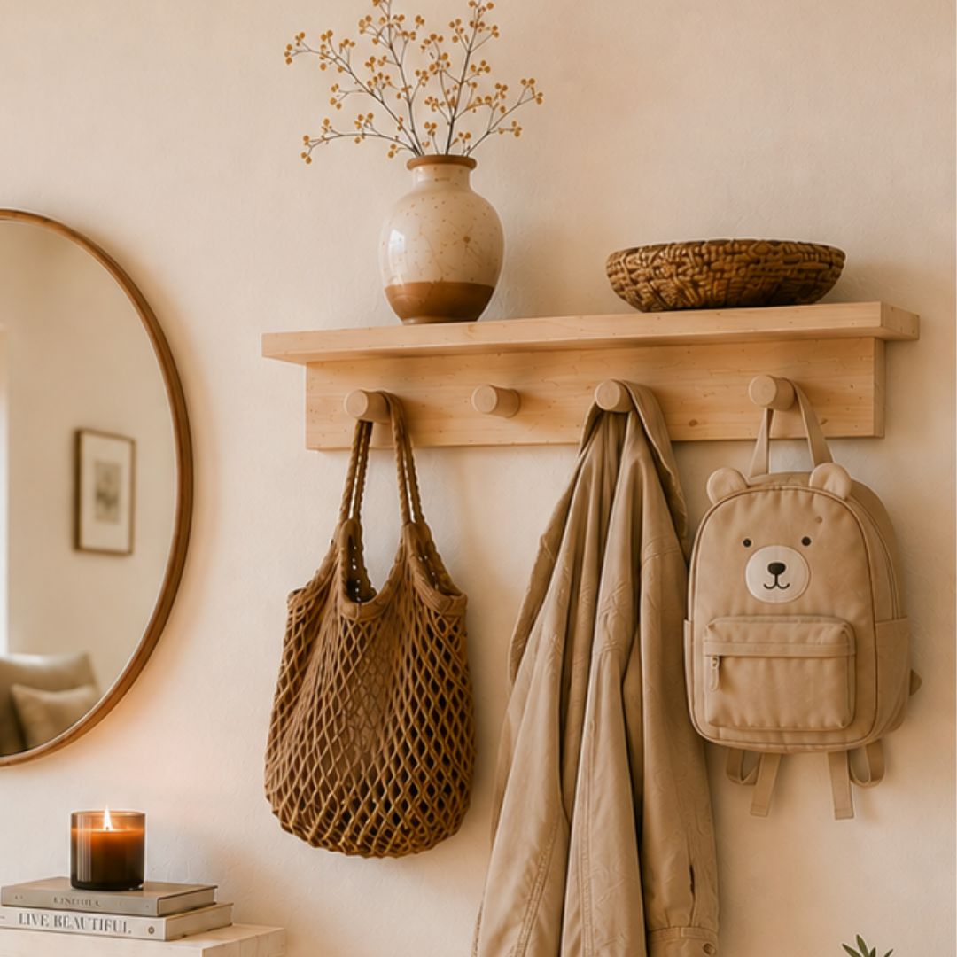 Estante perchero de pared Gredos de madera maciza de pino con balda superior y cuatro ganchos de madera