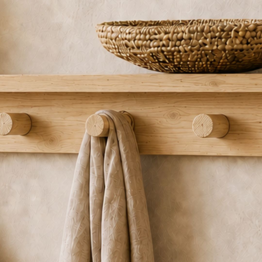Detalle de las vetas naturales y los ganchos de madera maciza del estante perchero Gredos.