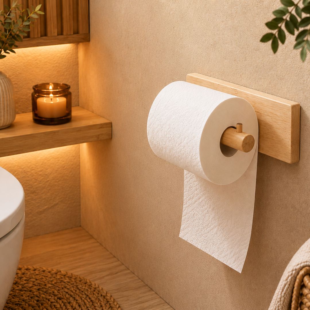 Portarrollos de pared fabricado en madera de pino maciza con acabado natural para cuarto de baño