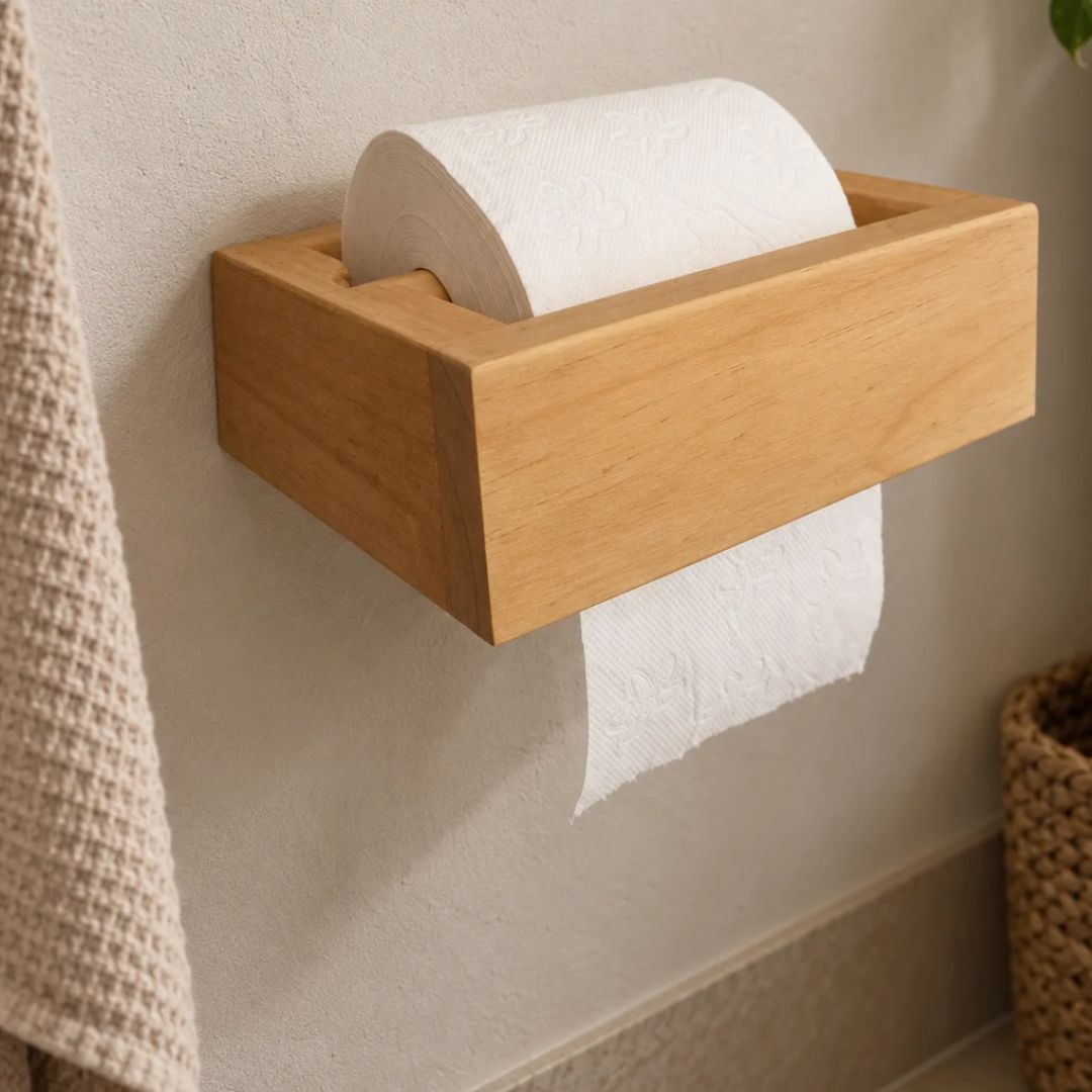Portarrollos de papel higiénico de madera con estructura rectangular y diseño minimalista