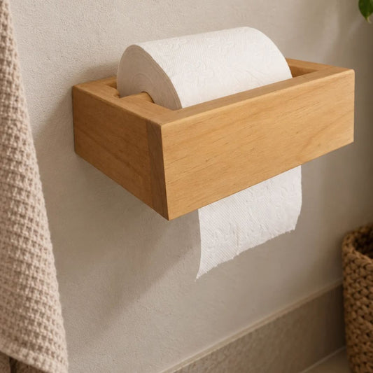 Portarrollos de papel higiénico de madera con estructura rectangular y diseño minimalista