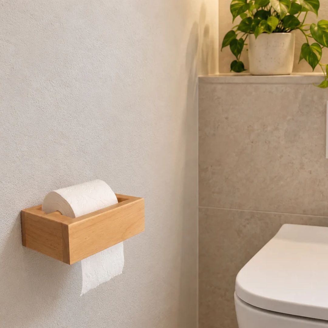 Portarrollos de baño de madera maciza de pino instalado en la pared