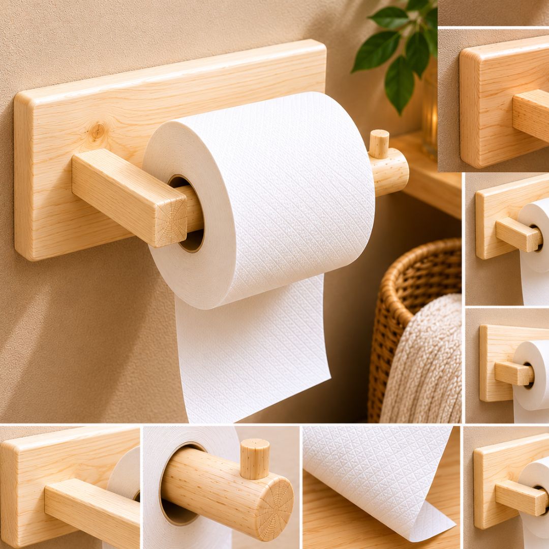 Portarrollos de madera de diseño Japandi minimalista en un cuarto de baño moderno de aire spa
