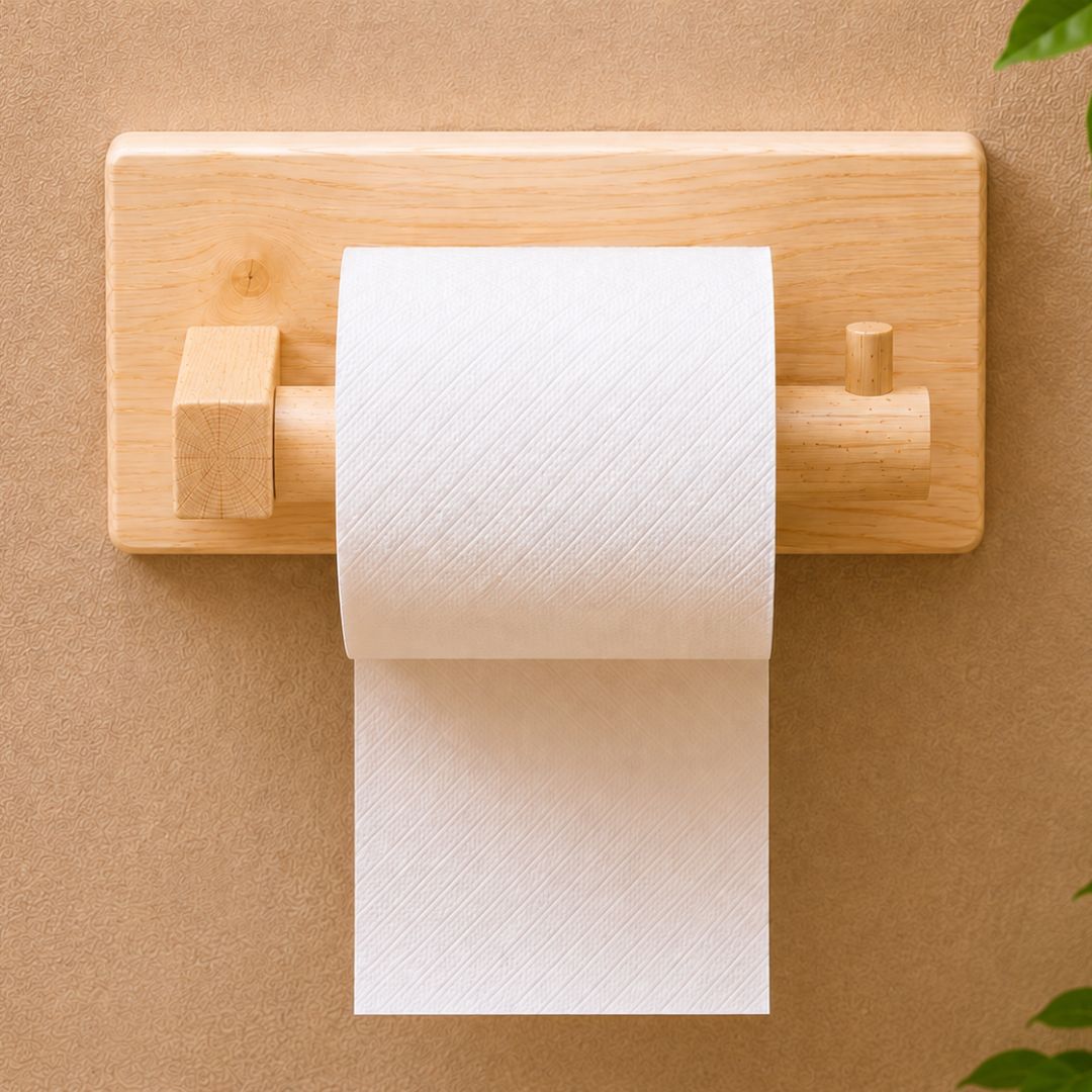 Soporte para papel higiénico de madera natural hecho a mano de forma artesanal en España