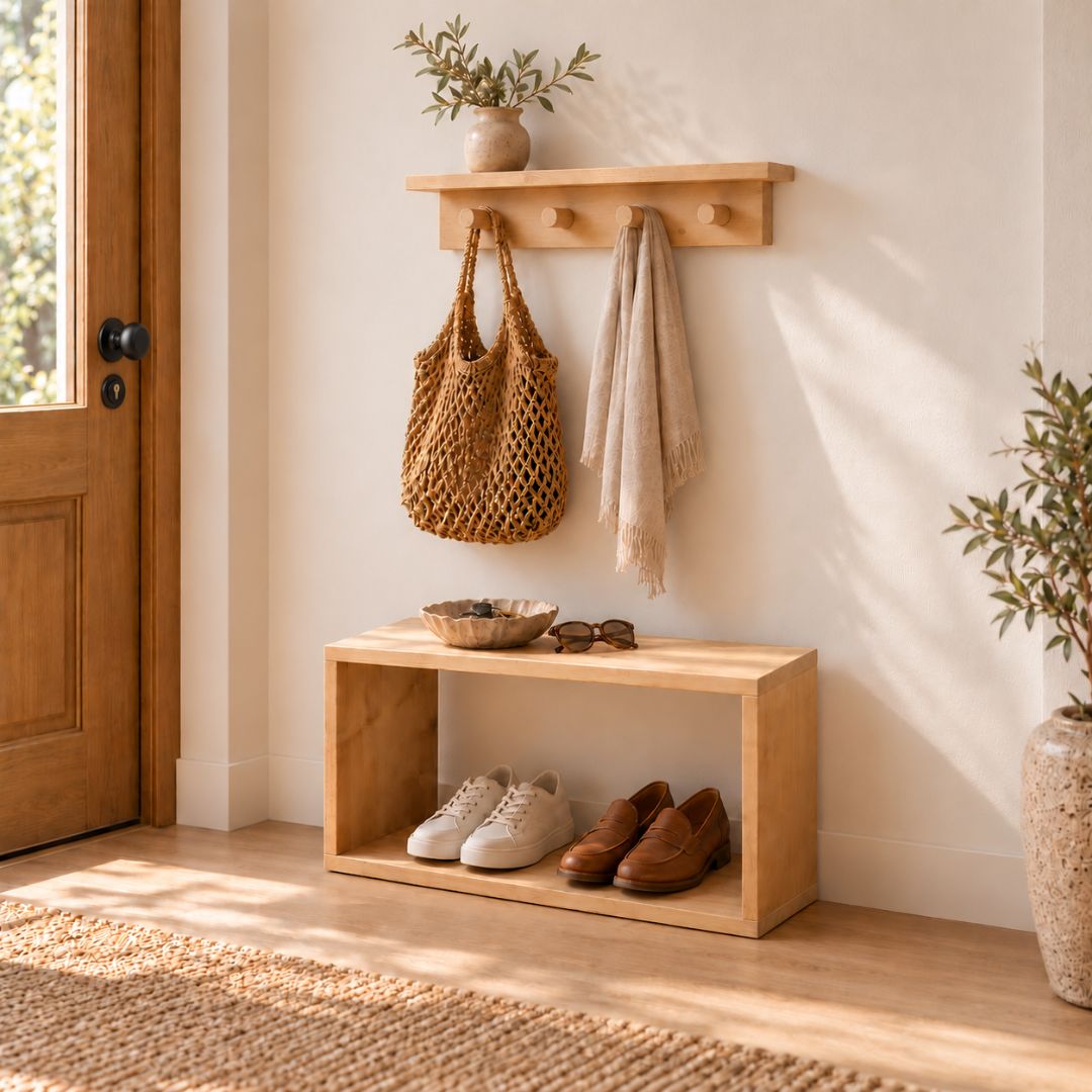 Mueble auxiliar de pino macizo color arena con zapatos en el recibidor, bajo un perchero de madera.