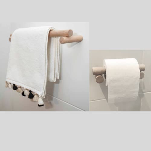 Kit de Accesorios de Baño Minimalista: Toallero y Portarrollos de Madera - Estilo Moderno y Ecológico.